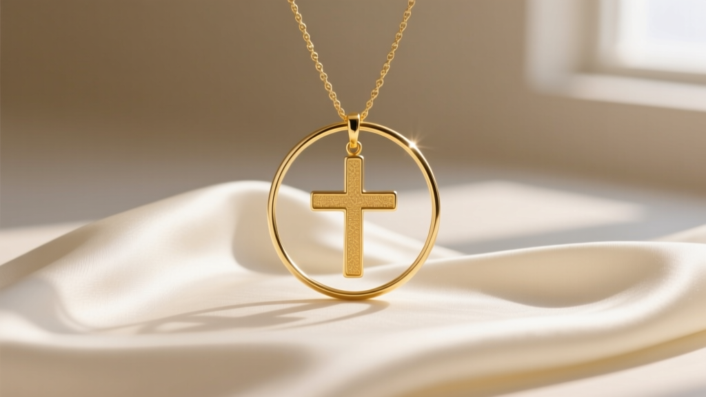 Close-up of a minimalist 14k yellow gold cross in a circle necklace resting on a silk slip dress, soft morning lighting.