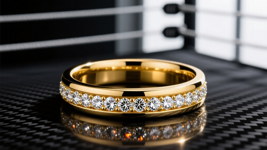 Solid 14k yellow gold wrestling ring with pavé-set diamonds on the side shank, resting on a dark carbon fiber background surface.