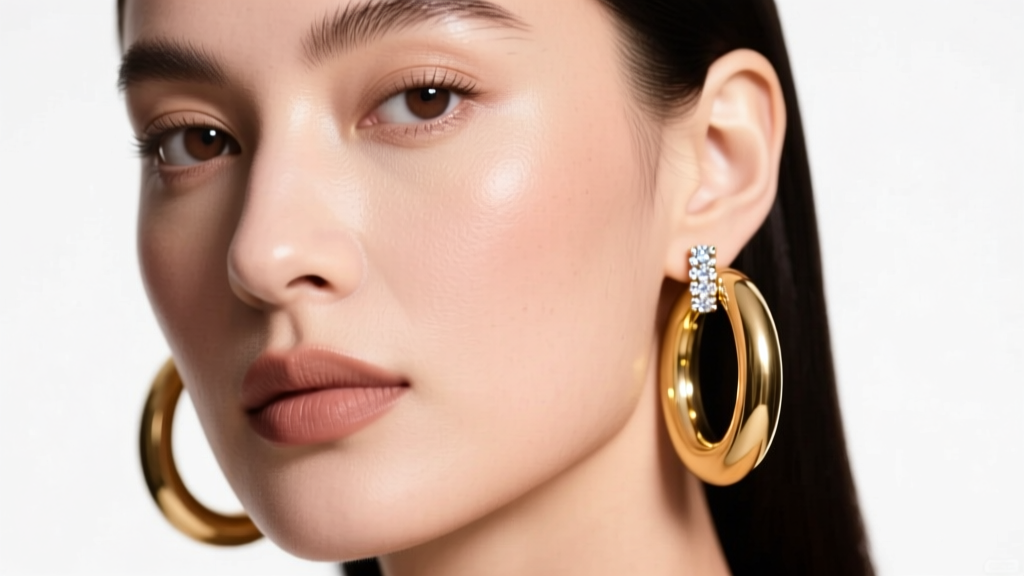 Macro portrait of a woman wearing chunky 14k gold tube hoops and delicate pavé diamond huggies under soft, warm studio lighting.