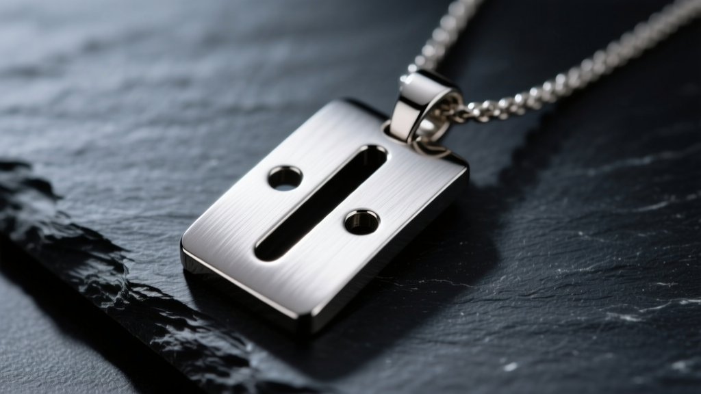 Macro shot of a brushed titanium RE8 pendant with two parallel holes, resting on dark slate under soft directional lighting.