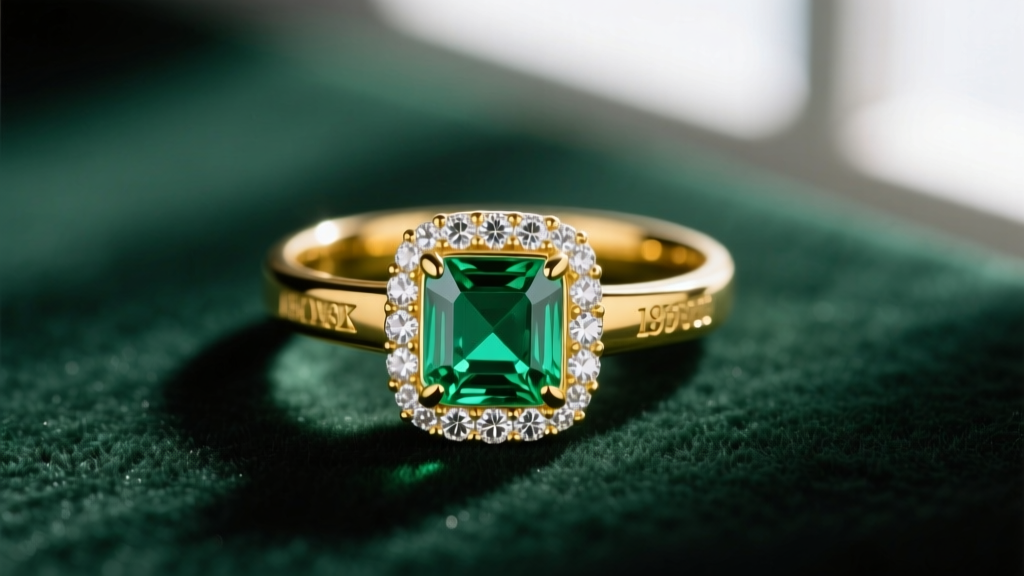 Macro shot of an 18k yellow gold ring with a square-cut emerald and diamond halo on dark green velvet in soft lighting.