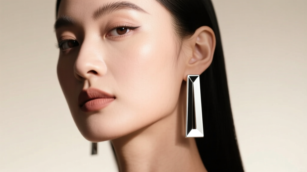 Close-up of a woman wearing long brushed silver rectangle drop earrings under soft studio light, highlighting sharp geometric edges.