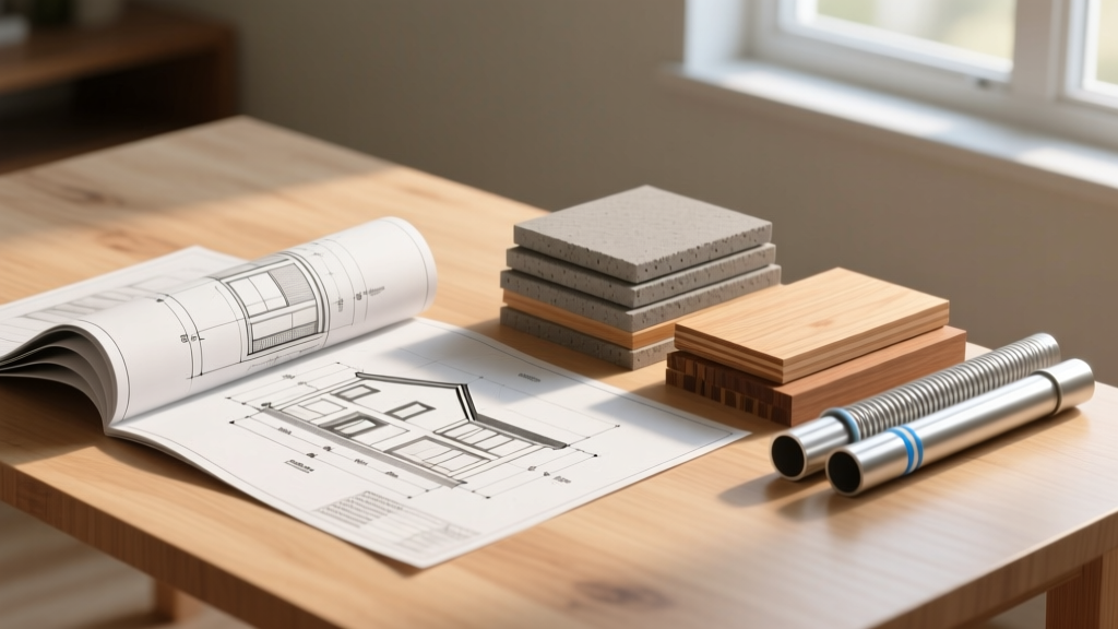 Architectural blueprints spread on a plywood table next to stacked samples of fiber cement siding, engineered lumber, and PEX piping