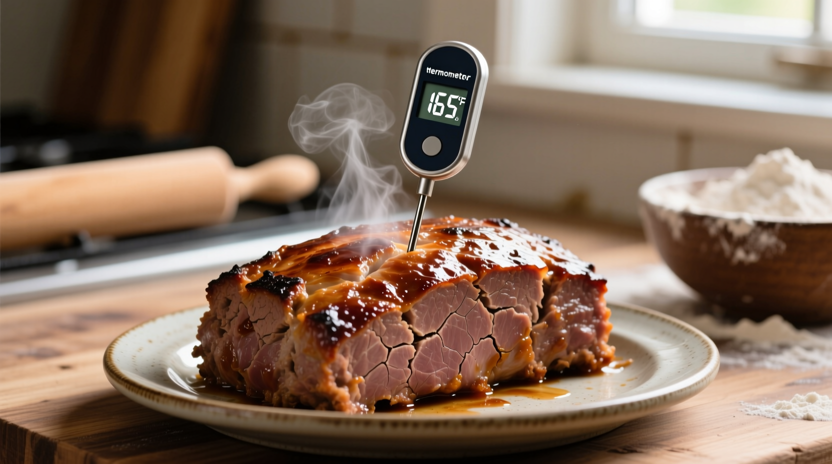 Meatloaf thermometer checking internal temperature