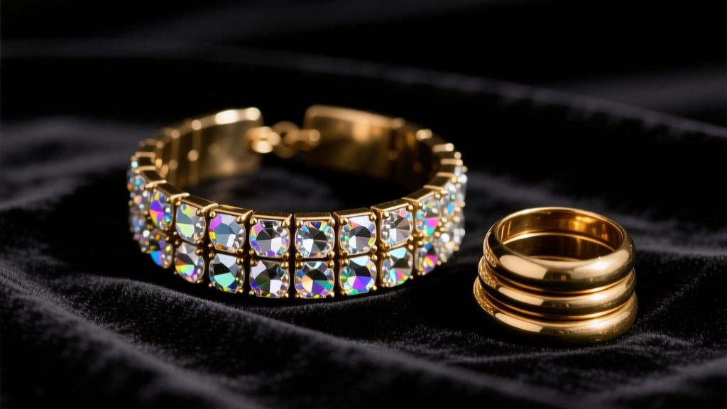 Tarnished Y2K chunky rhinestone choker and brass rings on dark velvet, captured in moody studio lighting with sharp macro detail