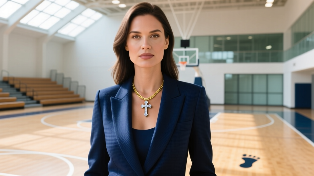 Female coach wearing a 5mm gold chain and diamond cross pendant over a navy blazer in a bright indoor basketball arena.