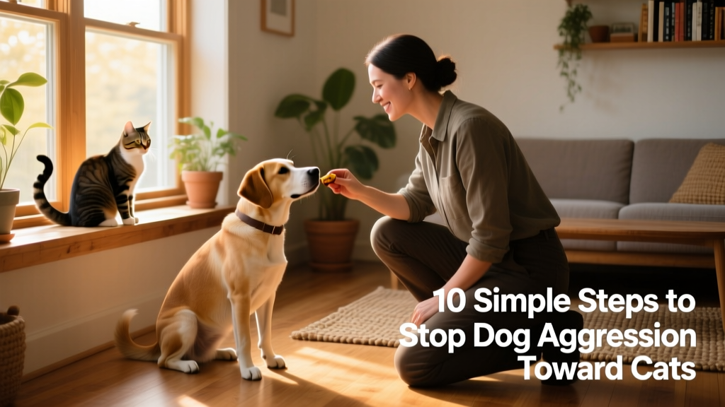 A trainer rewarding a dog with a treat while the dog looks calmly at a cat sitting nearby on a perch