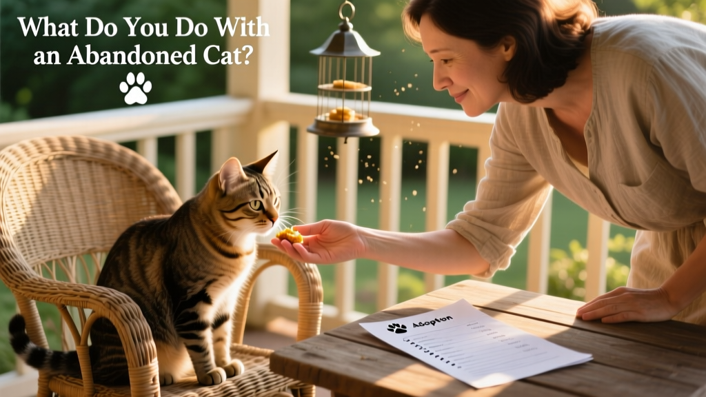 A person gently offering food to a calm, seated cat on a sunlit porch, with adoption paperwork visible on a nearby table