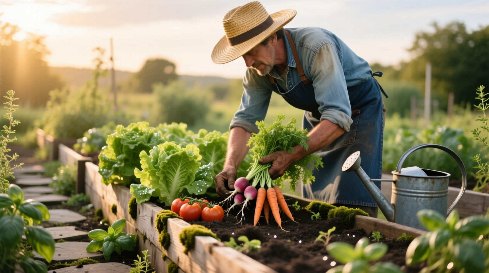 Gardener harvesting fresh vegetables from raised garden beds