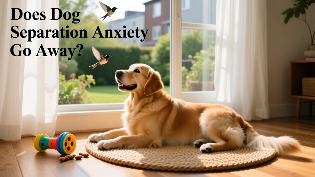 A happy dog lying relaxed on a mat beside a window, watching birds outside, with a treat-dispensing toy nearby