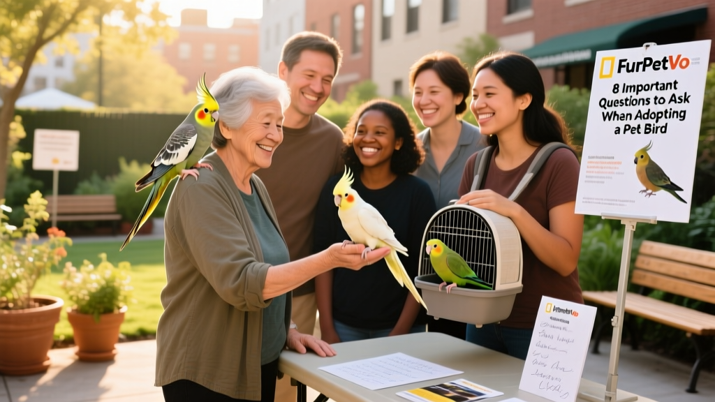 A diverse group of adopters smiling beside their newly adopted birds at a FurPetVo community adoption event