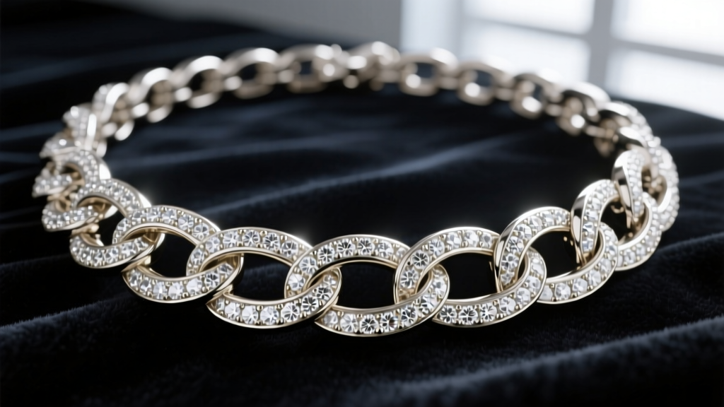 Close-up of a 14mm white gold Cuban diamond necklace on dark velvet, showing round pave settings on heavy interlocking links