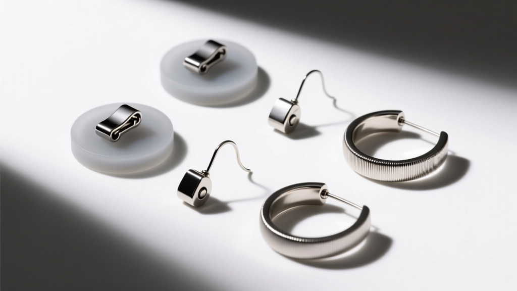 Overhead view of heavy earring backings including silicone support discs, locking clutches, and wide-saddle French wire sleeves