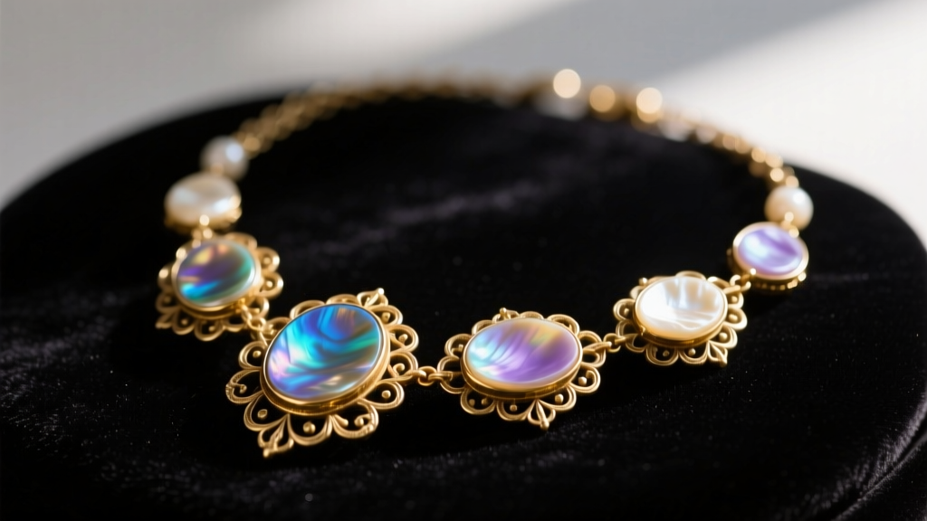 Close-up of a vintage mother of pearl necklace on dark velvet, highlighting iridescent nacre and antique brass filigree settings.