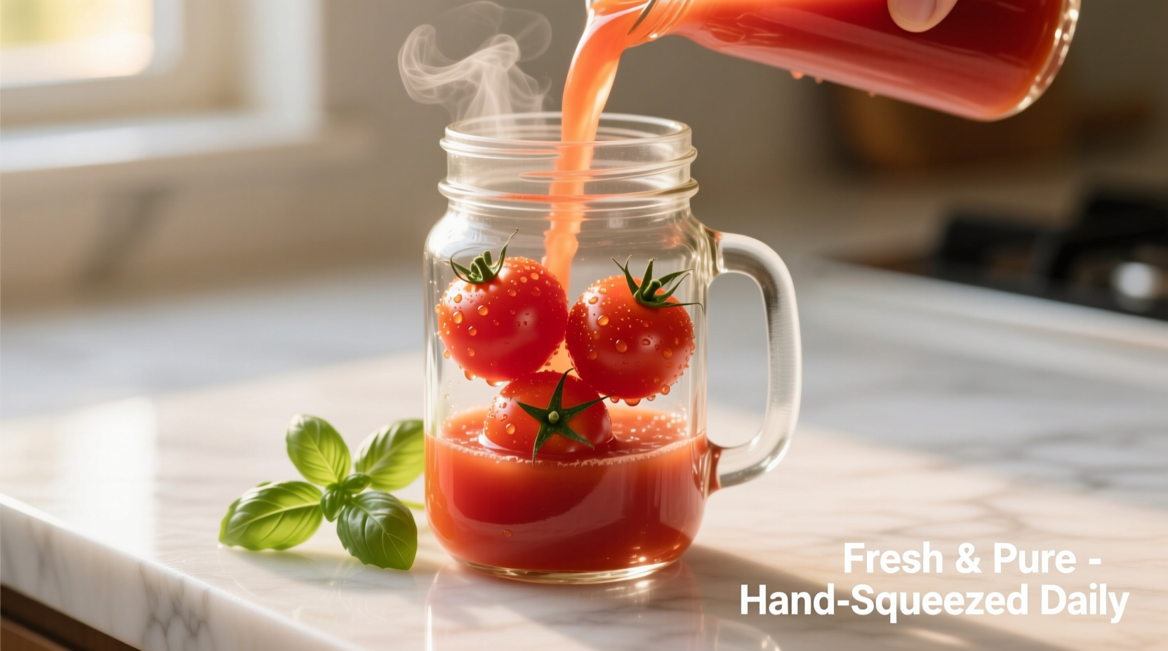 Fresh tomato juice in glass with tomatoes