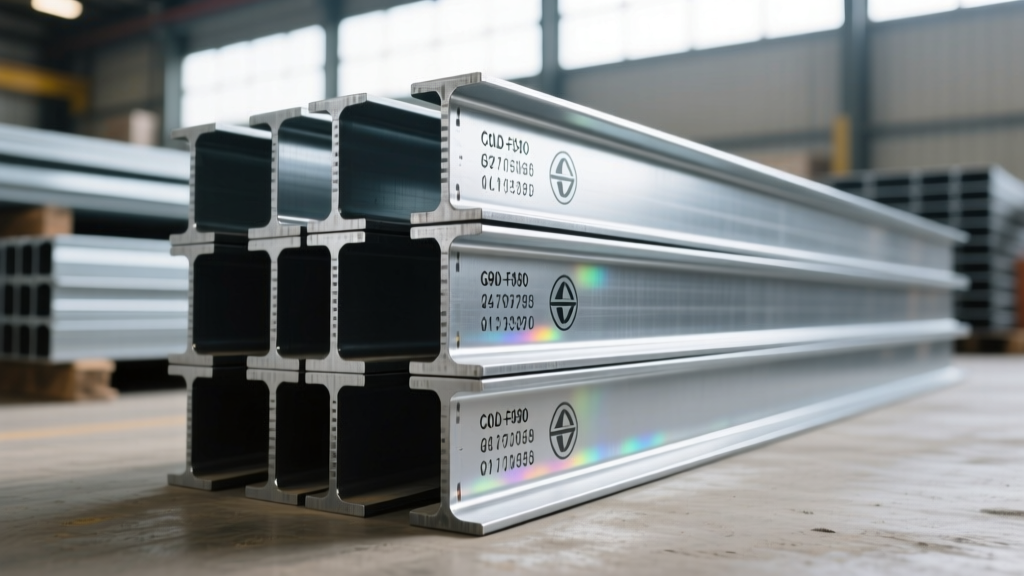 Close-up of stacked cold-formed steel framing studs with G90 galvanization and stamped mill certifications in a commercial warehouse