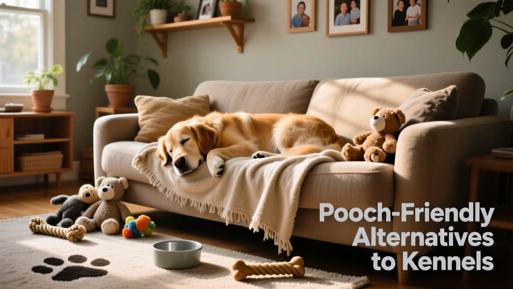 A relaxed dog napping on its favorite couch at home, surrounded by familiar toys and blankets