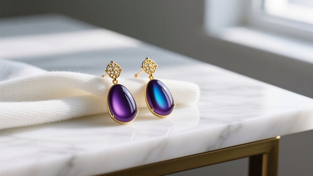 Close-up of a microfiber cloth gently wiping vitreous plum enamel drop earrings with gold vermeil settings on a white marble desk