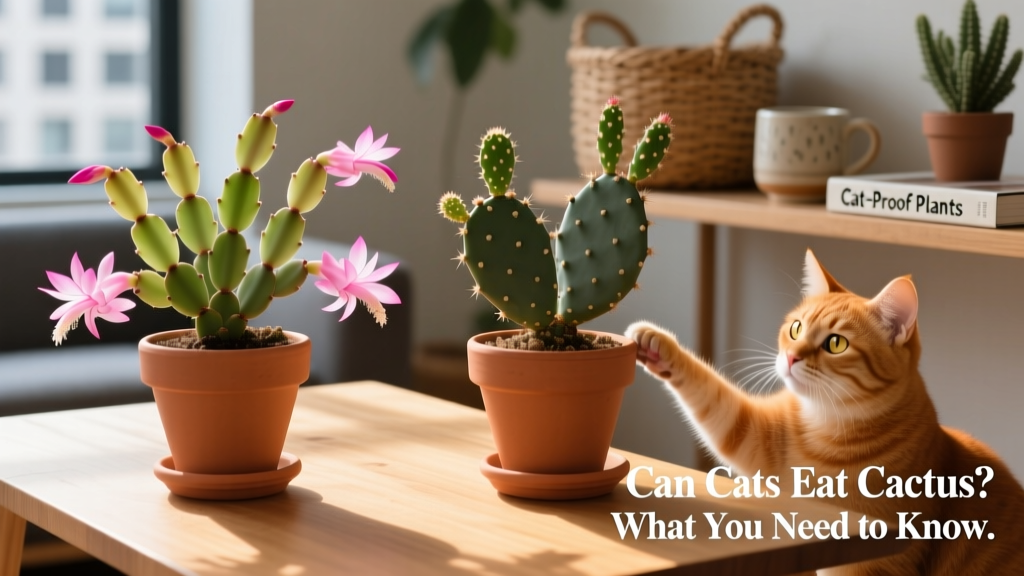 Side-by-side comparison of safe (Christmas Cactus) and risky (Bunny Ears Cactus) varieties for cat households
