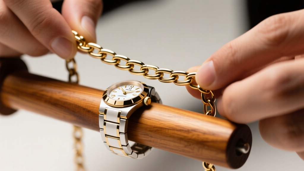 Hands rolling a white gold omega chain over a smooth wooden mandrel to flatten kinks under bright, focused studio lighting.
