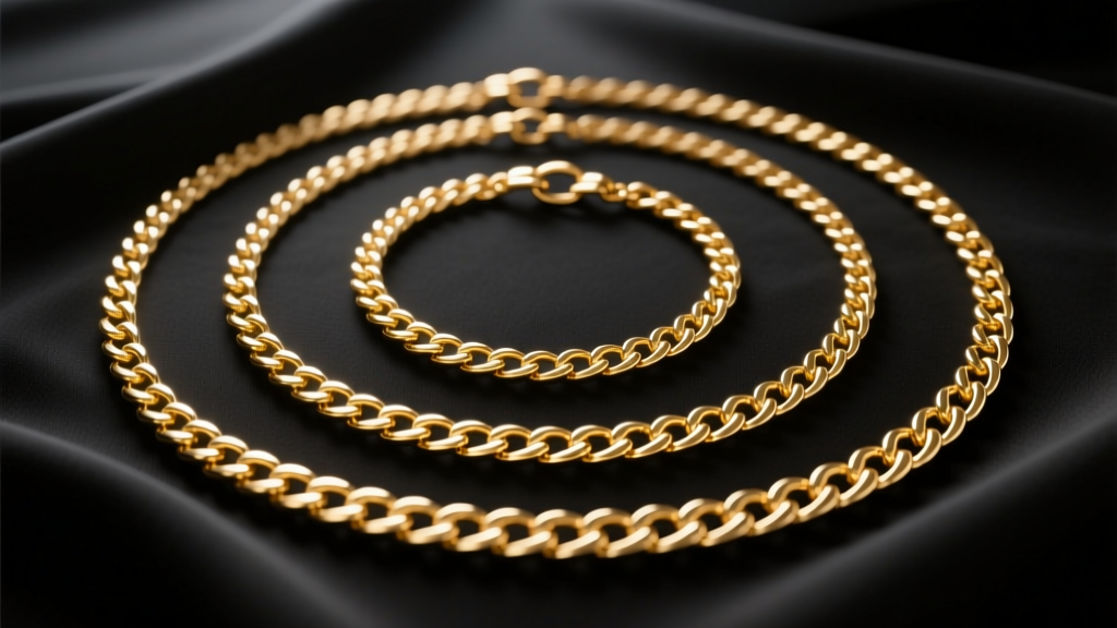 Overhead shot of three layered gold chains of varying lengths, 14, 16, and 18 inches, displayed flat on a matte black fabric background.