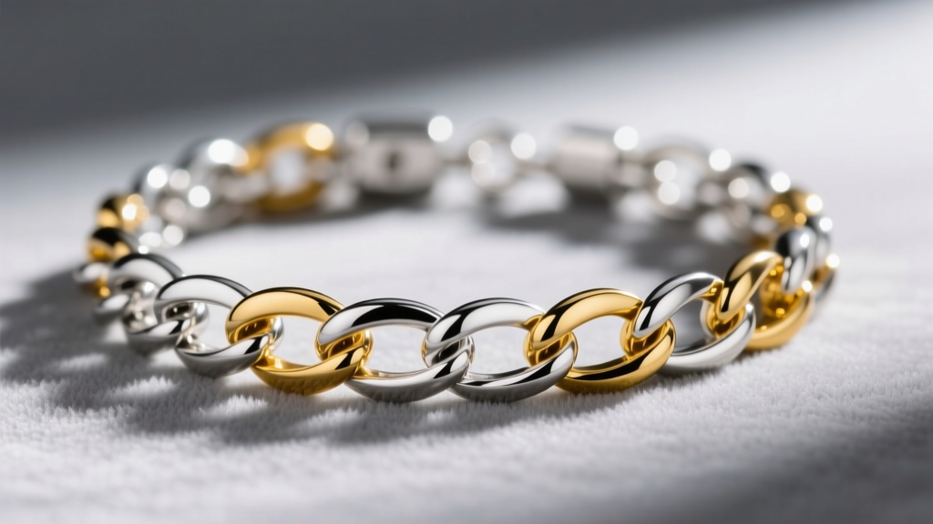 Close-up of a mixed-metal charm bracelet with sterling silver links and 14k yellow gold accents resting on soft gray velvet