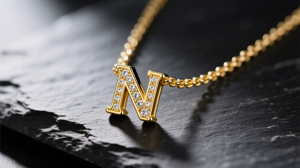 Macro shot of a 14k yellow gold N initial necklace on dark slate, showing diamond-cut beveled edges and a 1.2mm box chain.