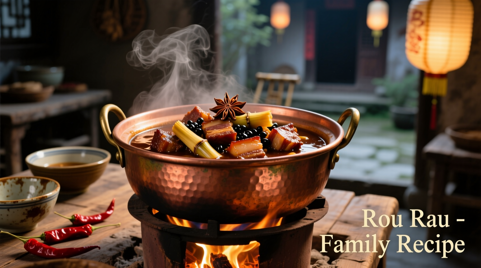 Traditional ragu simmering in copper pot