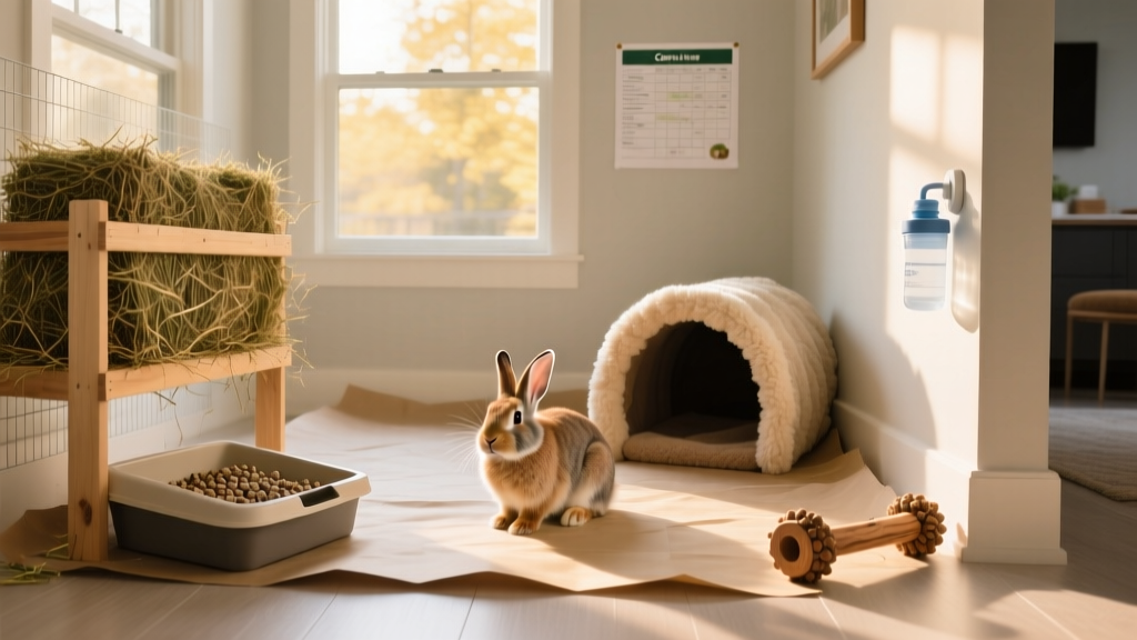 Well-appointed indoor rabbit habitat featuring a spacious enclosure with hay rack, litter box, hideaway tunnel, and chew toy—all arranged on solid flooring with paper bedding