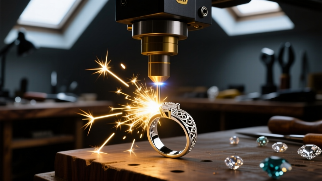 Close-up of a laser welder fixing a platinum ring prong, with a bright spark illuminating a dark, moody jewelry workshop space.