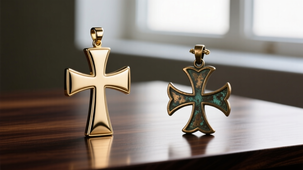 Side-by-side comparison of a polished brass Jerusalem Cross and an antiqued bronze Maltese Cross pendant on dark wood.