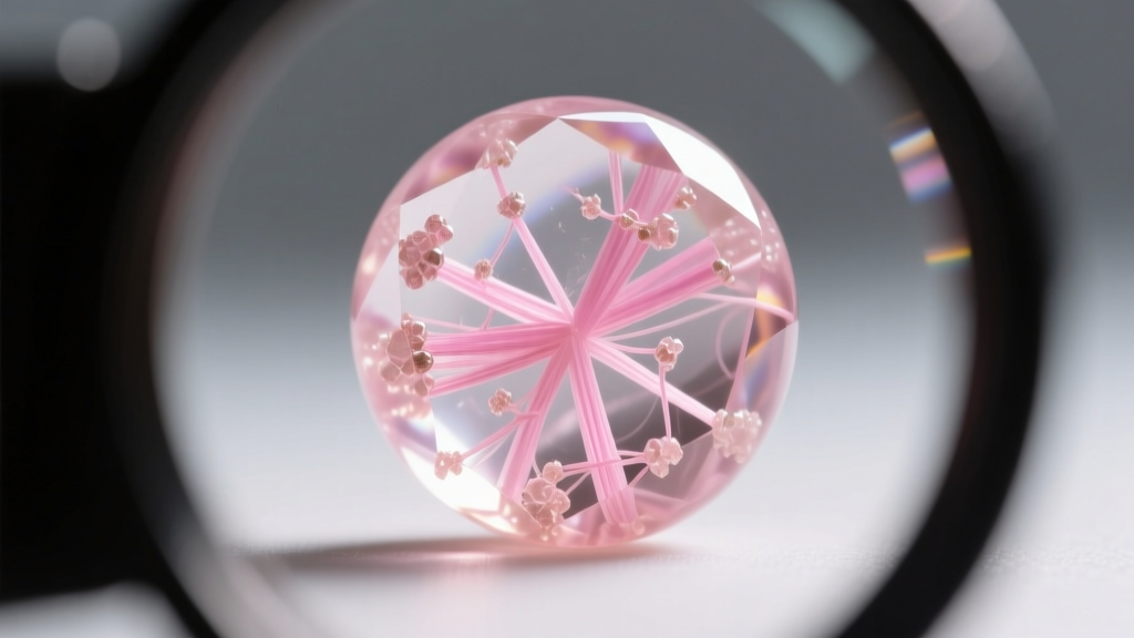 Close-up of a single rose quartz bead under a gemological loupe, revealing microscopic pink dumortierite fibrous inclusions.