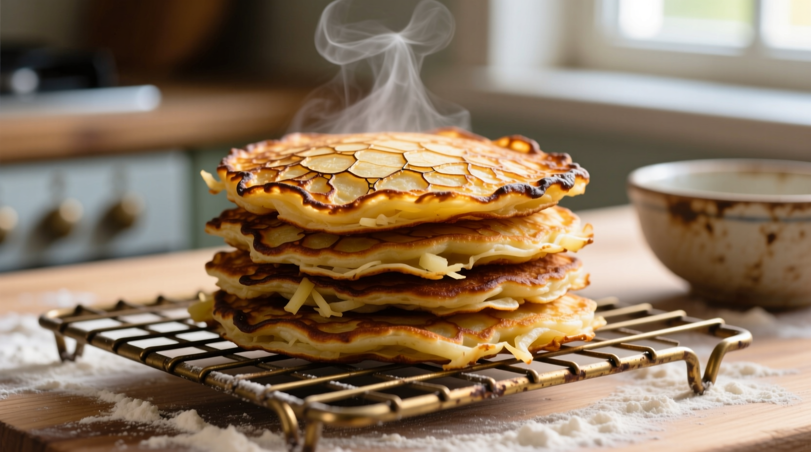 Golden brown potato pancakes with crispy edges on wire rack