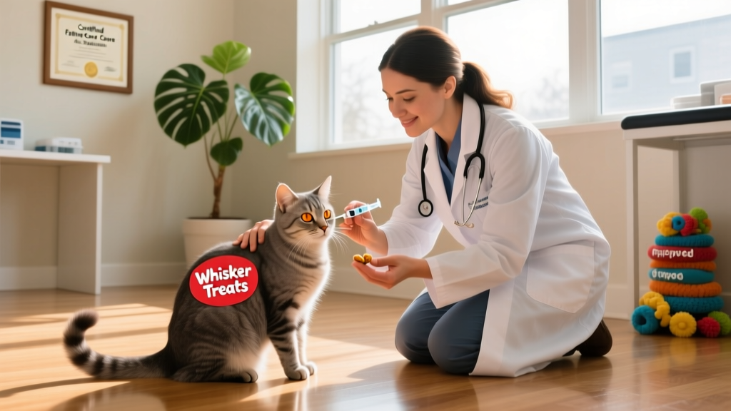 A veterinarian gently administering a vaccine to a calm cat while a tech offers soothing touch and treats