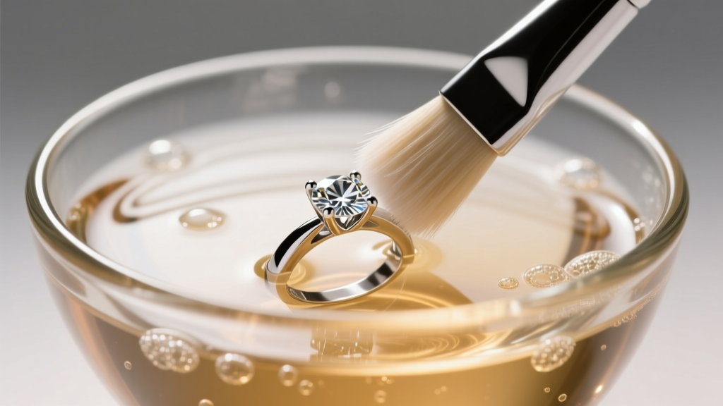 Soft-bristled brush cleaning a moissanite ring in a glass bowl of warm soapy ammonia cleaning solution under bright studio light.