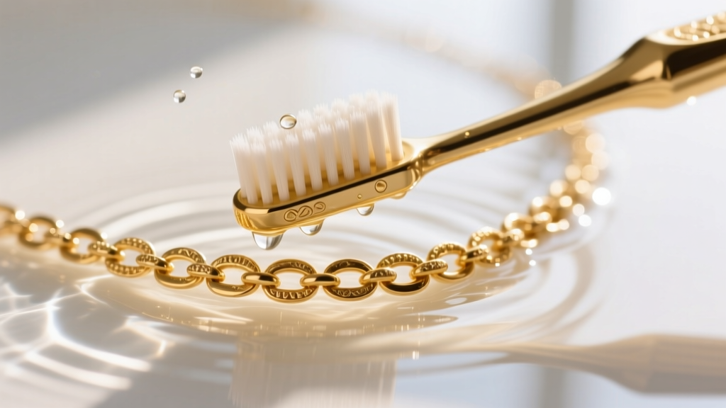 Close-up of a soft bristle toothbrush gently scrubbing a gold vermeil necklace chain submerged in warm distilled water