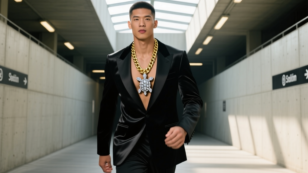 Male athlete in a sharp suit walking through an arena tunnel wearing a diamond-encrusted turtle pendant on a thick gold Cuban chain.