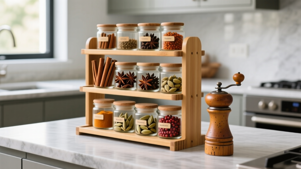 Organized kitchen countertop displaying a tiered bamboo spice rack filled with glass jars of whole spices next to a ceramic burr grinder