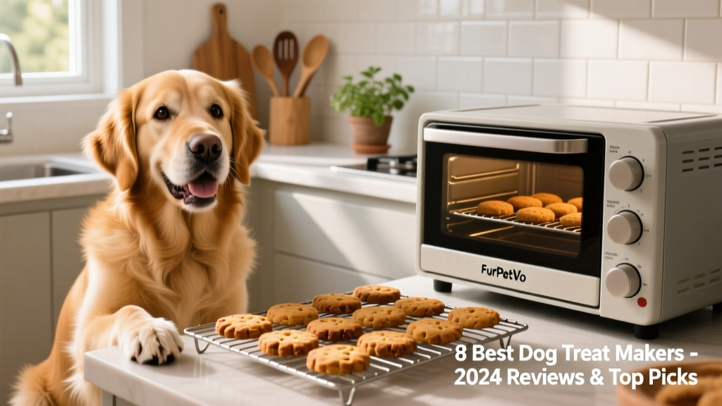 Happy golden retriever sitting beside a FurPetVo ProBake Duo unit, looking expectantly at freshly baked, golden-brown dog biscuits cooling on a wire rack