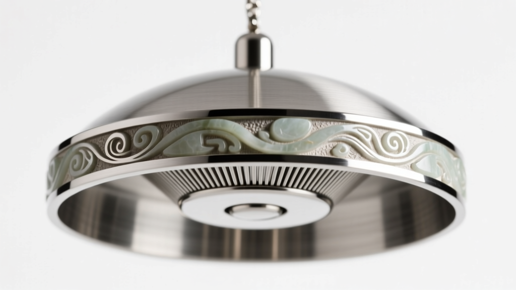 Macro shot of 316L stainless steel pancake hood pendant showing engraved steatite lens frames and textured bib details.