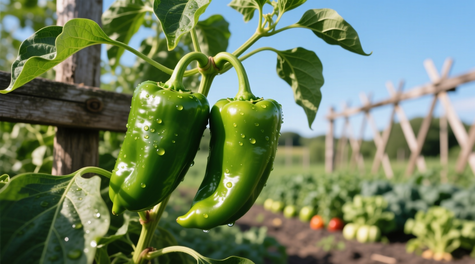 Green bell peppers hanging on plant in garden