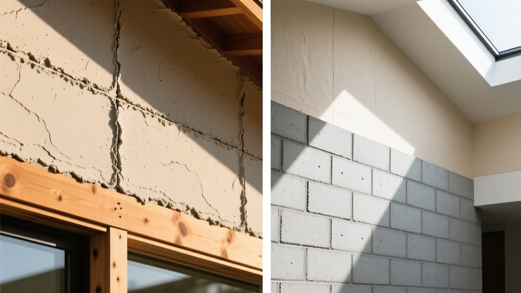 Split architectural view comparing traditional three-coat Portland cement stucco on wood framing against a solid poured concrete masonry wall