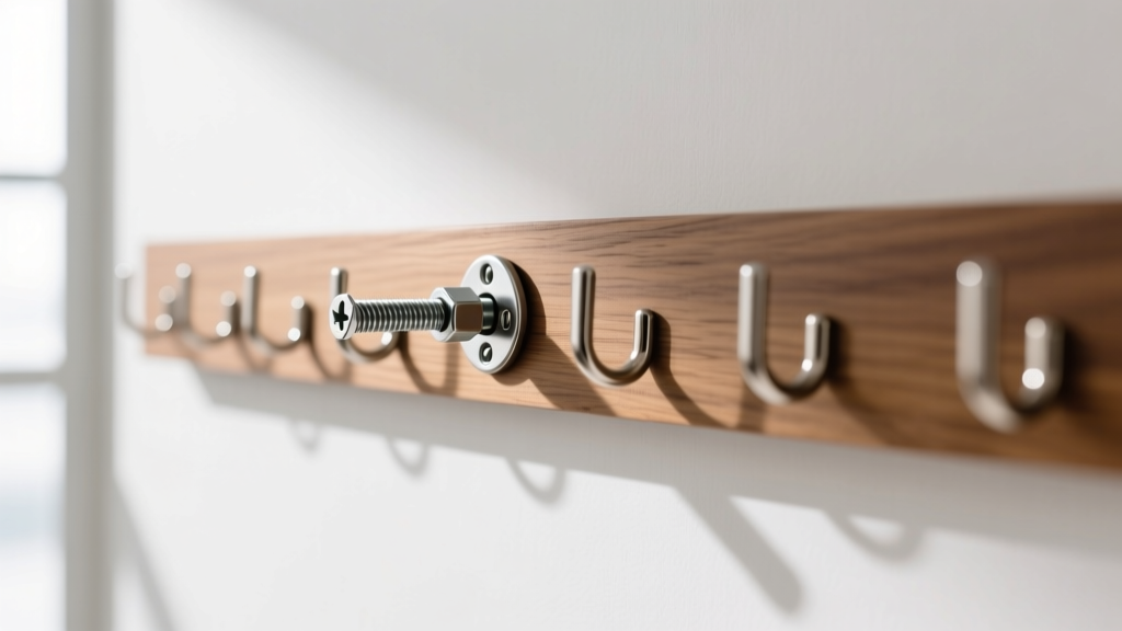 Drywall toggle bolt anchor inserted into a white wall, supporting a heavy wooden jewelry display board equipped with steel hooks.