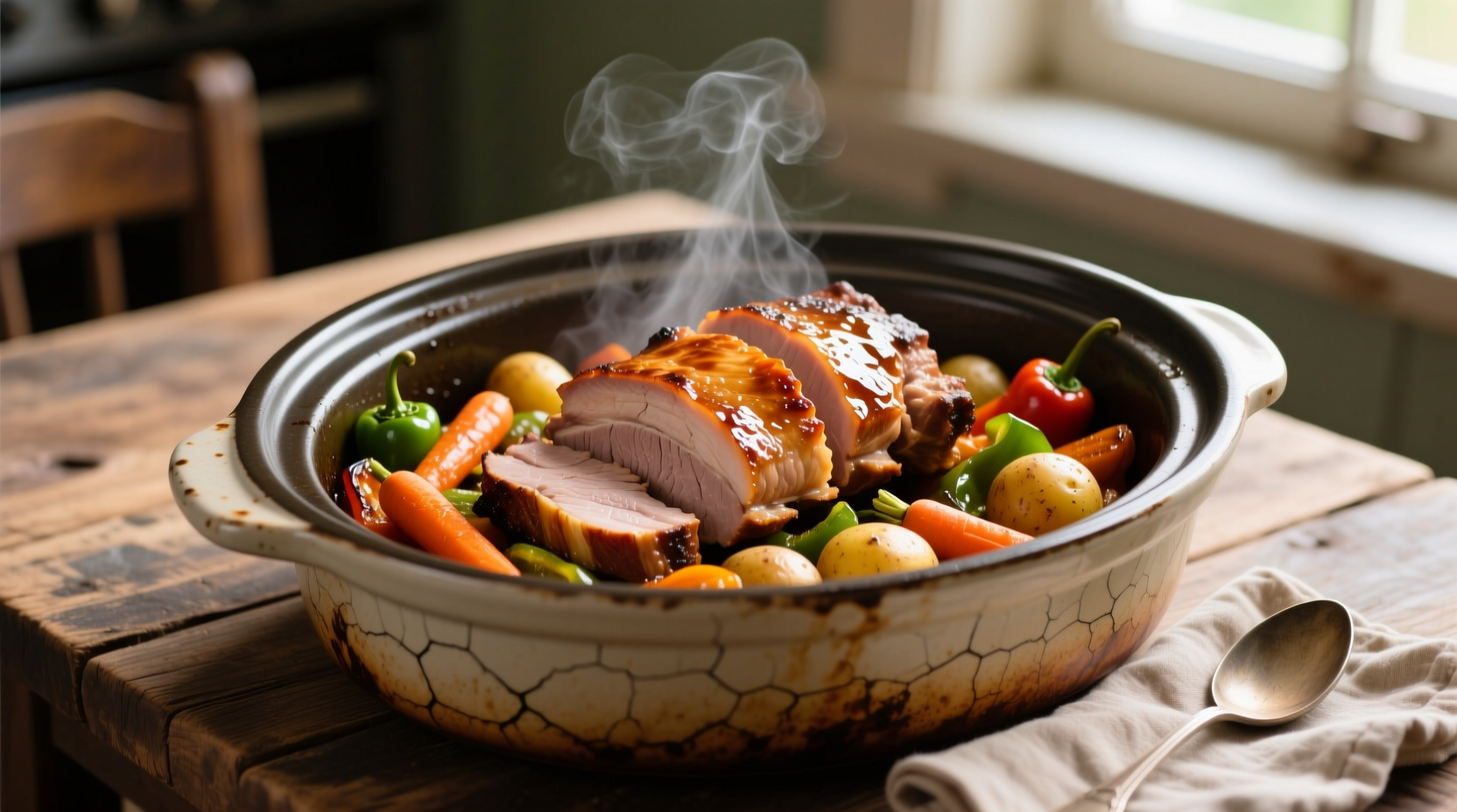 Sliced pork loin with vegetables from crock pot