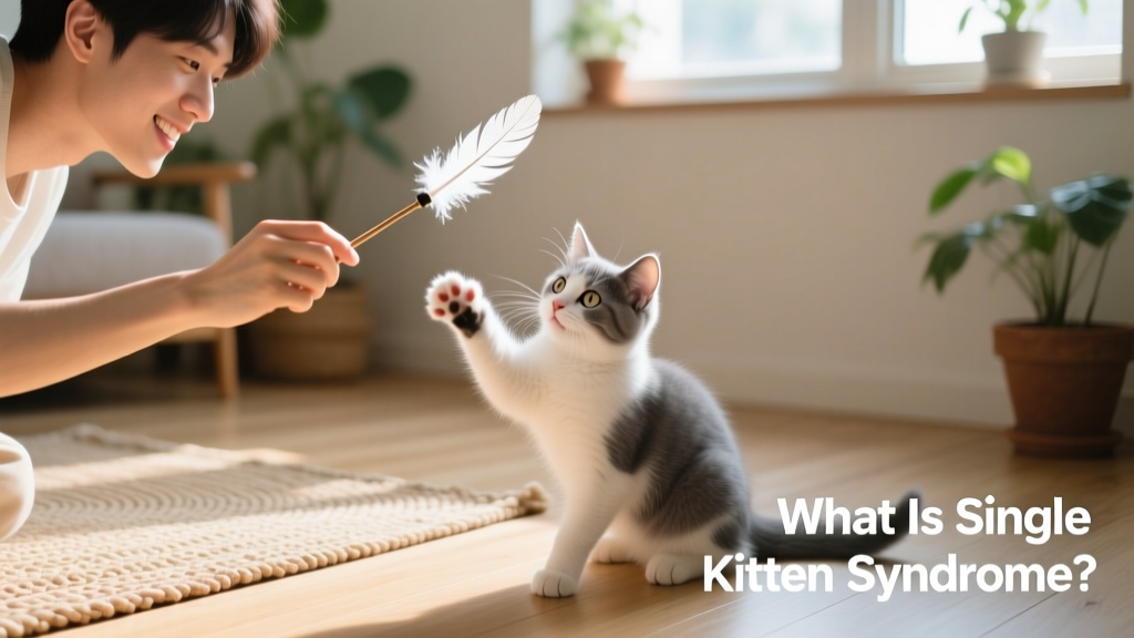 A person gently playing with a kitten using a feather wand toy