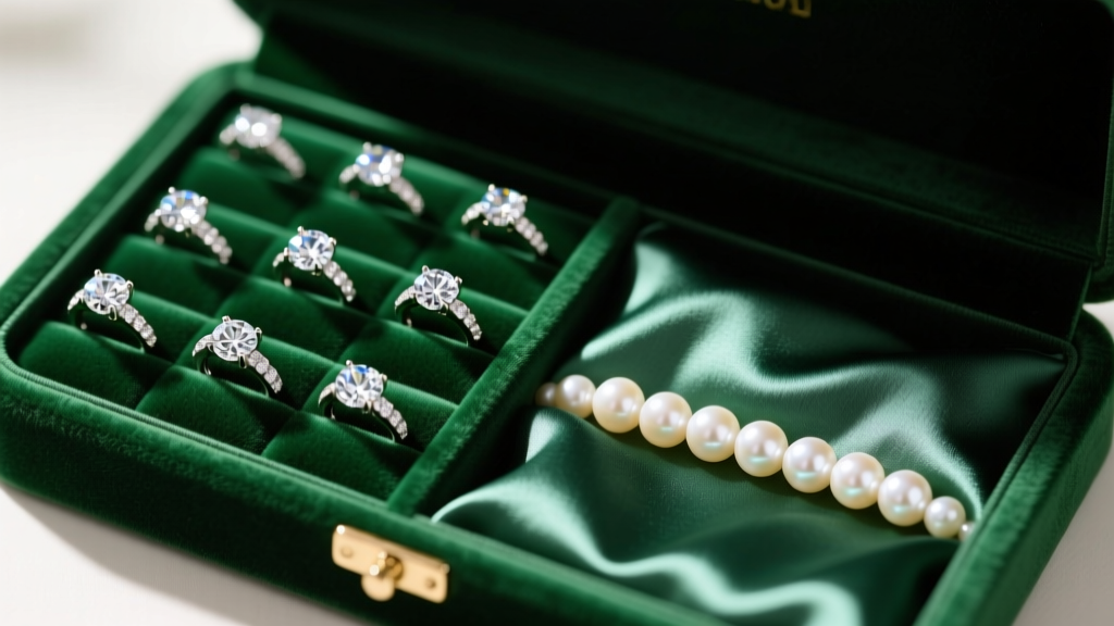 Overhead view of a green velvet jewelry box interior organized with diamond rings in one section and delicate pearls in another.