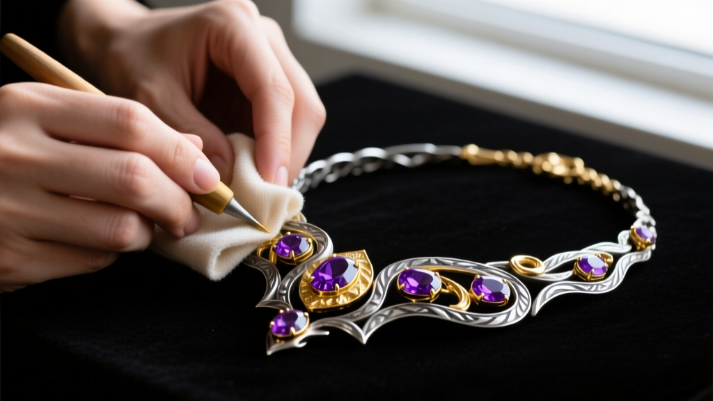 Hands polishing gold accents on an oxidized silver necklace with a soft cloth while carefully avoiding the inset purple gemstones.