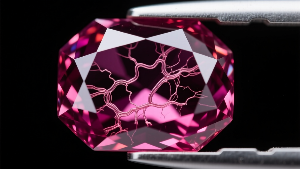 Close-up of a faceted Mozambique ruby showing natural rutile silk inclusions and purplish-red hue under a gemological microscope