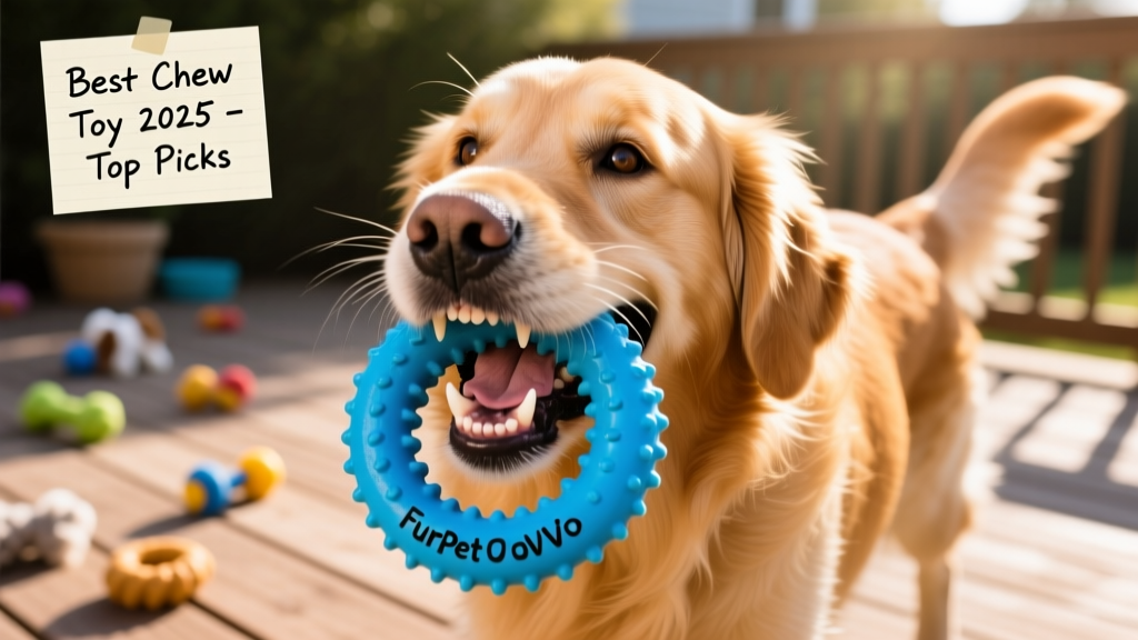 Close-up of a golden retriever happily chewing on a bright blue FurPetVo Tough Ring, showing wear resistance and secure grip