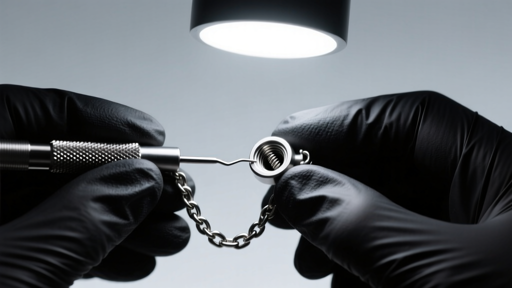 Piercer in black gloves inspecting internal threads of a 14g titanium intimate chain component under a bright magnifying lamp.